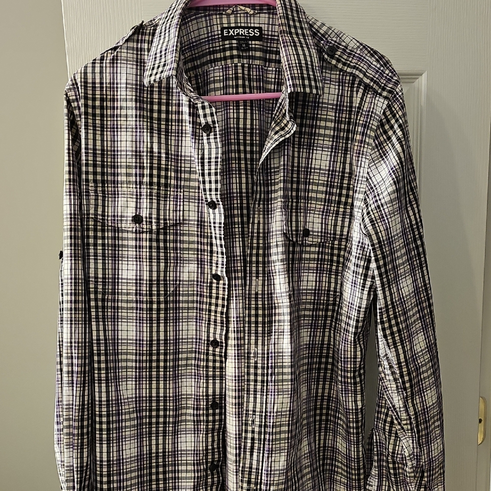 Express Modern Fit Purple & Black Plaid Button Down Shirt